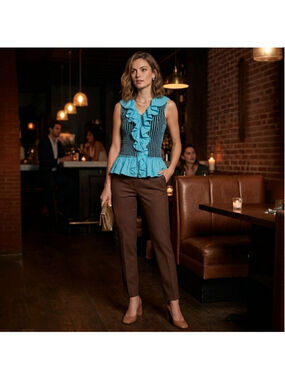 NEW Samuel Dong Sleeveless Zip Front Ruffle Stretch Top Turquoise & Chocolate Sm